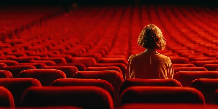 Person sits alone in empty theater with red seats during a quiet moment of reflection - Powered by Adobe