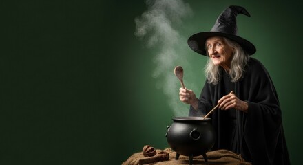 Old woman witch with grey hair and black hat stirring steaming cauldron. Halloween old hag creating magic potion for mystery.