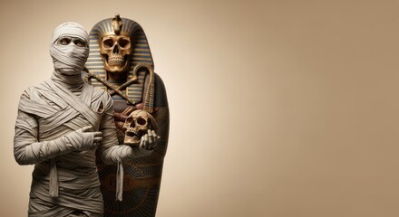 Man dressed as a creepy mummy holding a skull with an ancient egyptian sarcophagus behind as a Halloween monster.