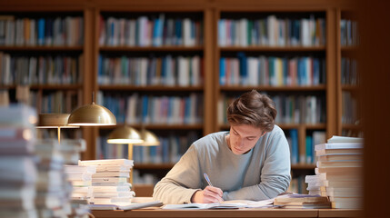 young student studying in library, student in library