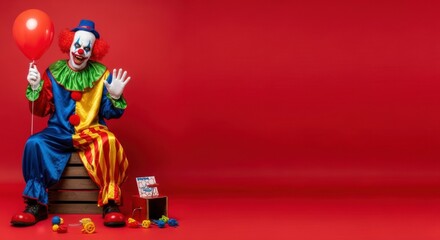 Evil clown sitting on wooden box with red balloon. Creepy person scary costume. Halloween horror concept.