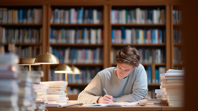 young student studying in library, student in library