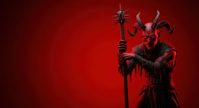 Male creature, a sinister demon with horns on a red background. Scary monster for Halloween and horror concept. Mystical evil character. - Powered by Adobe
