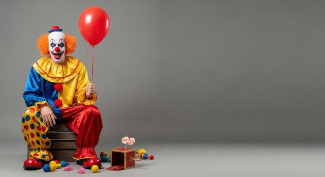 Man in clown costume with red ball sitting on wooden box. Creepy smile and bright makeup for Halloween. Evil monster show. Copy space.
