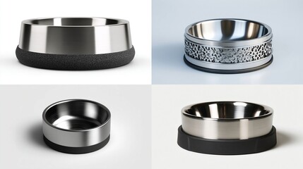 Four stainless steel pet bowls, two plain and two with decorative bases, presented in a 2x2 grid against a white background.  Each bowl features a dark gray rubber base for non-slip