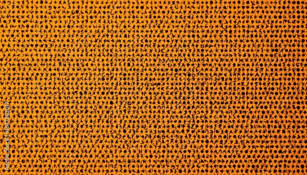 Poster close-up of a densely packed orange and black halftone pattern creating a textured abstract backgrou