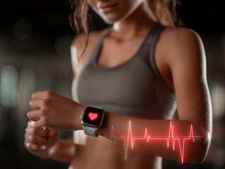 A fit woman wears a gray sports bra. Wear a smartwatch while exercising with a glowing red heart rate icon and a pulse line floating in the air.