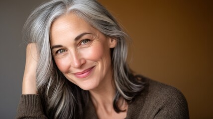 Smiling mature woman with gray hair, radiating warmth and confidence in a cozy setting.