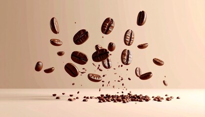 Obraz premium Flying Roasted Coffee Beans on Beige Background