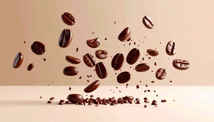 Obraz premium Flying Roasted Coffee Beans on Beige Background