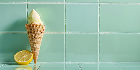Ice Cream Cone with Lemon Slice on Teal Tiled Background

