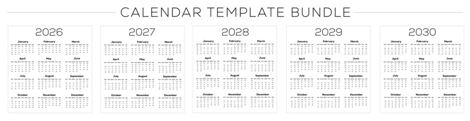 editable vertical calendar template bundle for 2026 - 2030. simple vector calendar planner template