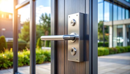 Modern door handle with open to a business, and office building with sunlight and trees.