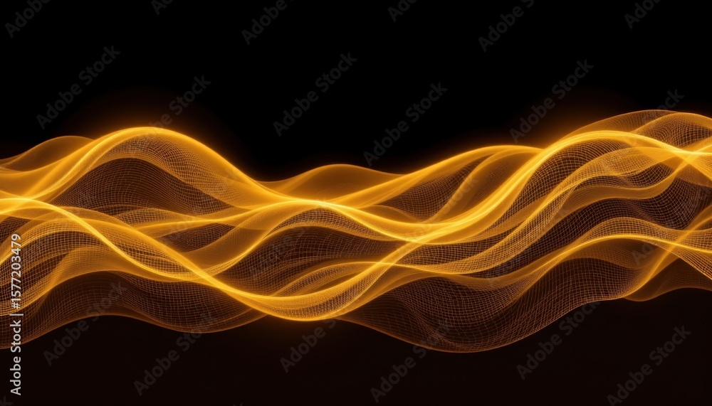 Poster dynamic glowing golden wave pattern flowing across dark background with a sense of motion and energy