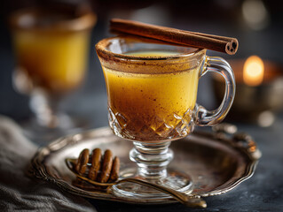 Hot buttered rum cocktail with cinnamon stick