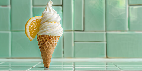 Vanilla Ice Cream Cone with Orange Slice Against Green Tiled Background

