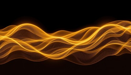 Dynamic glowing golden wave pattern flowing across dark background with a sense of motion and energy, perfect for digital art, abstract design, or futuristic themes