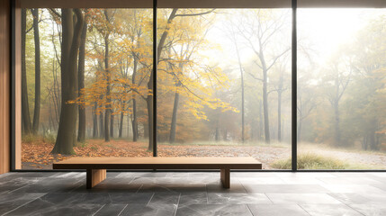 Modern minimalistic interior, spacious room with large glass windows, warm sunlight filtering through trees, tranquil atmosphere.
