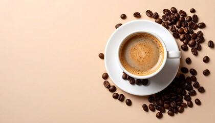 Obraz premium Cup of Black Coffee with Roasted Beans on White Background