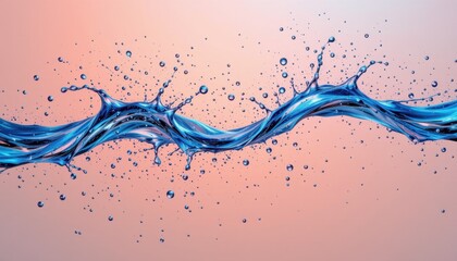 High-resolution close-up of clear water splash and wave with droplets flying in natural pink background, emphasizing purity, freshness, and fluid motion in aquatic scene