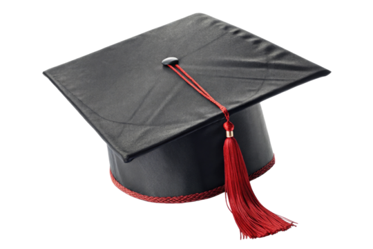 Black graduation mortarboard cap with red tassel isolated on transparent background