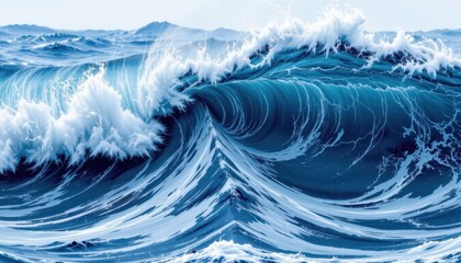 Massive ocean wave with powerful and swirling foam in deep blue sea under bright sky, high surf and natural water movement for marine and nature themes