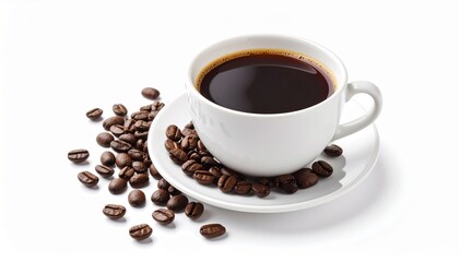 Cup of Black Coffee with Roasted Beans on White Background