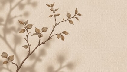 Minimalist beige wall with delicate dried plant branch casting soft shadow for modern rustic home decor or artistic interior design accents