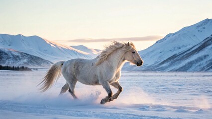 Captured in motion, a beautiful white or grey horse runs gracefully across a vast snow-covered plain, with snow-capped mountains in the background under soft daylight