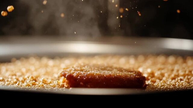 Golden crispy pork cutlet rotating and falling with floating crumbs and steam &ndash; 5-second seamless loop food motion clip