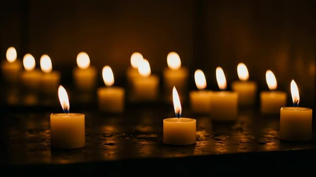 Flickering candle flames in dark room with multiple warm light sources and soft ambient shadows, atmospheric loop for calm and spiritual settings, no people - Powered by Adobe
