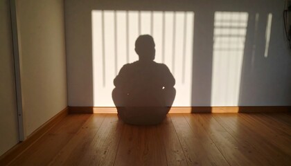 Silhouette of a person seated on a light-wood floor, bathed in sunlight shadows