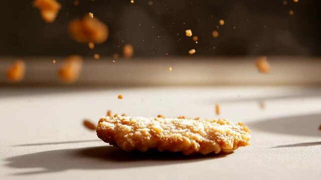 Juicy fried pork slices rotating and dropping with floating crumbs in cinematic warm light &ndash; 5-second seamless food loop