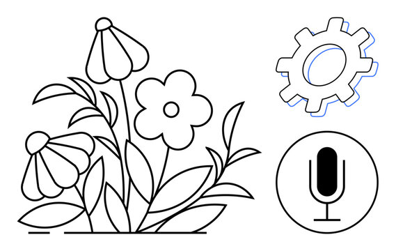 Flowers and foliage meet cogwheel and microphone, blending natural beauty with technology. Ideal for ecology, innovation, balance, sustainability, creativity, podcasts, and a simple landing page