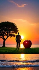 Silhouette of man facing giant apple at sunset