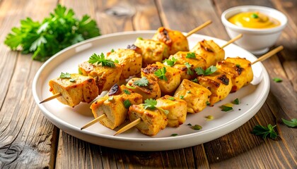 Grilled Chicken Skewers with Peanut Sauce on Wooden Table