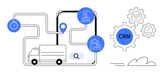 Delivery truck follows a GPS route on a digital map with CRM, timing, and supply chain icons. Ideal for logistics, supply chain, customer management, automation, route efficiency, digital tools