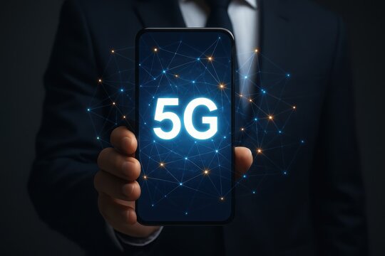 Businessman holding smartphone displaying glowing 5g network connection and digital data points