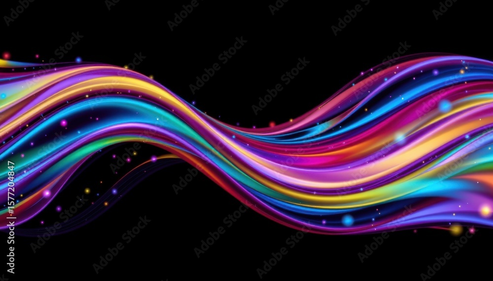 Poster vibrant colorful light waves flowing across a dark background with sparkles and bright streaks creat