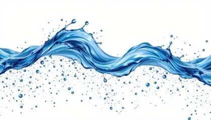 Vibrant blue water splash with dynamic motion and splatters, illustrating fluidity, freshness, and purity in a high-energy abstract aquatic scene