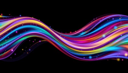 Vibrant Colorful Light Waves Flowing Across a Dark Background with Sparkles and Bright Streaks Creating a Dynamic Abstract Digital Artwork