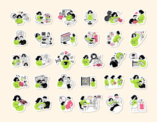 Cartoon Color Pregnancy Different Scenes Concept Sticker Set Flat Design Style with Elements Thin Line. Vector illustration of badge