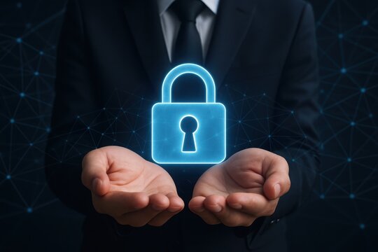 Man in suit holding glowing blue padlock symbol over network grid