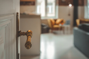 Open white door with vintage brass handle leading into cozy loft interior with mustard armchairs,...