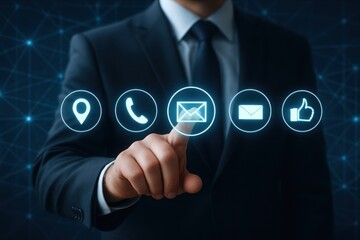Businessman touching glowing icons for communication and social media on a digital network
