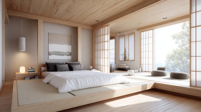 japanese zen bedroom interior, tatami mats, shoji screens, low futon bed, minimal decoration, natural wood, soft warm lighting, peaceful 