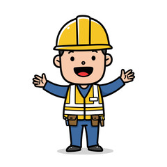 Man in construction safety vest and helmet with welcoming gesture. Perfect for construction safety and worker concepts.