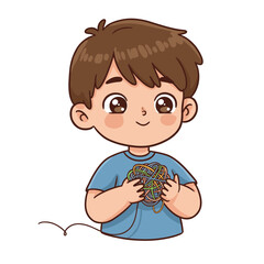 Curious boy holding a ball of tangled wires and looking intrigued 