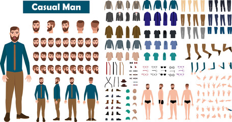 Cartoon male character kit. Man in casual clothing, different hands, legs poses and facial emotion