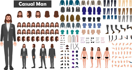 Business man wearing suit character constructor with lip sync and emotions design